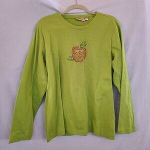 Quacker Factory Top Gems Size XL Long Sleeve Green With Apple Design